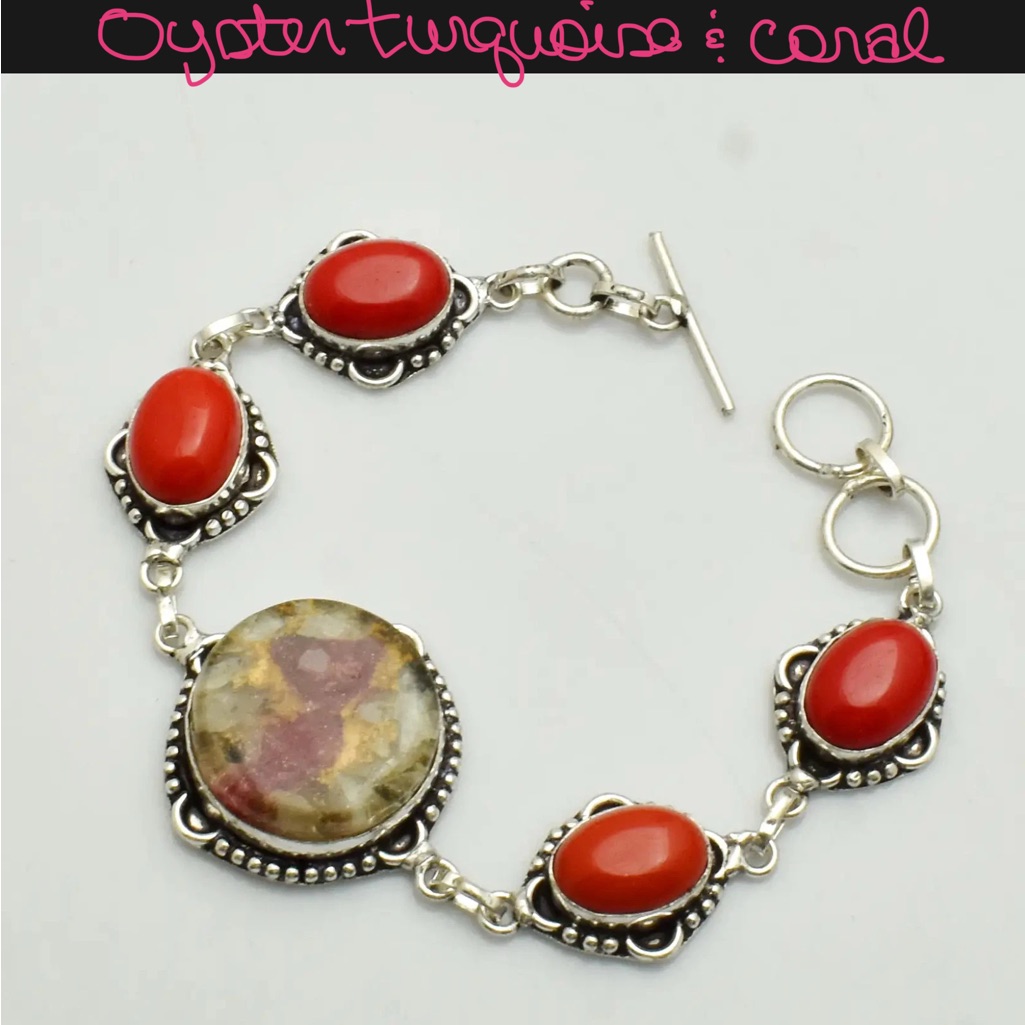 Oyster Turquoise & Coral Red Silver Bracelet 925 Plated